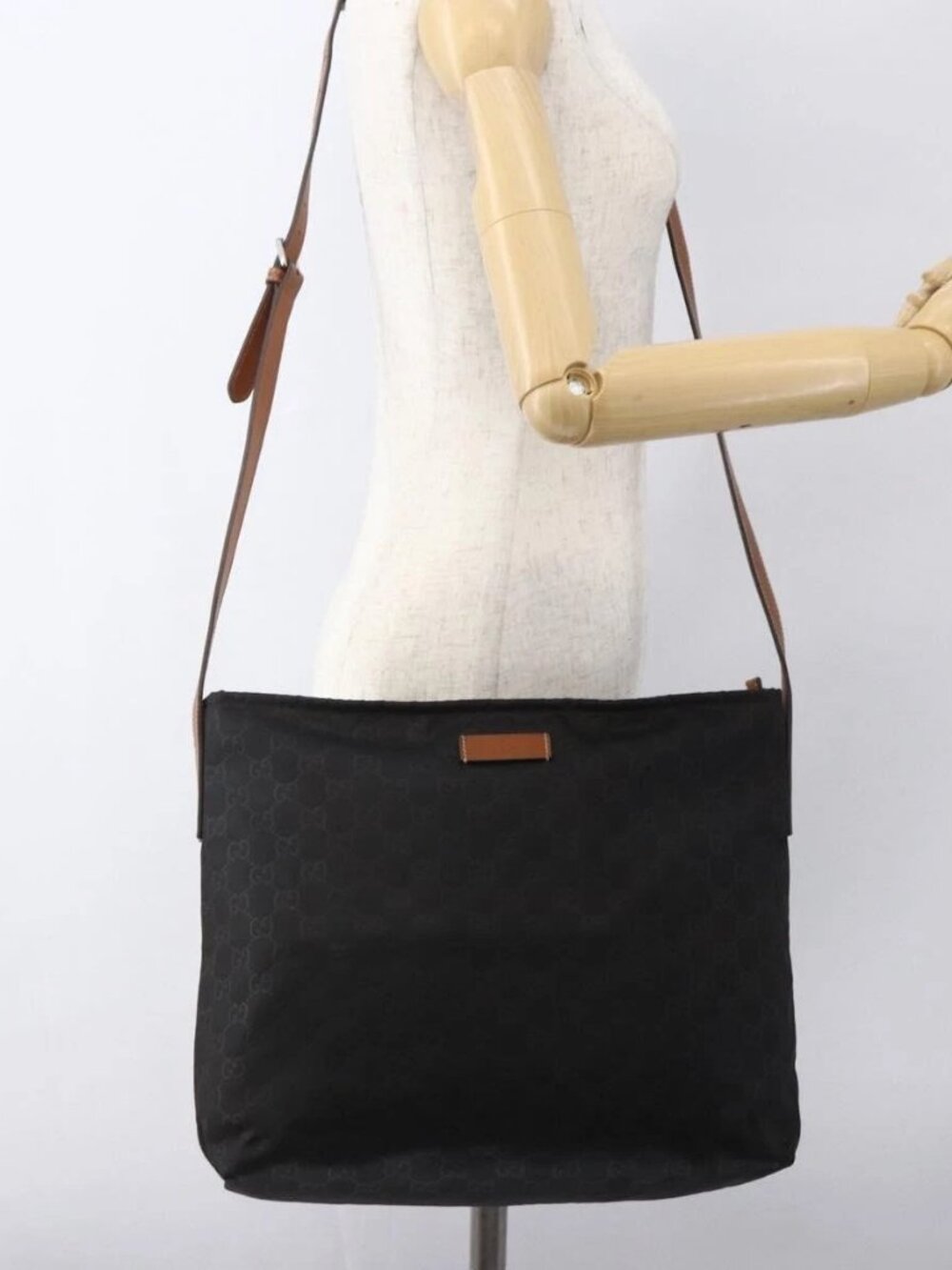 GUCCI GG Canvas Shoulder Bag Nylon Black Silver